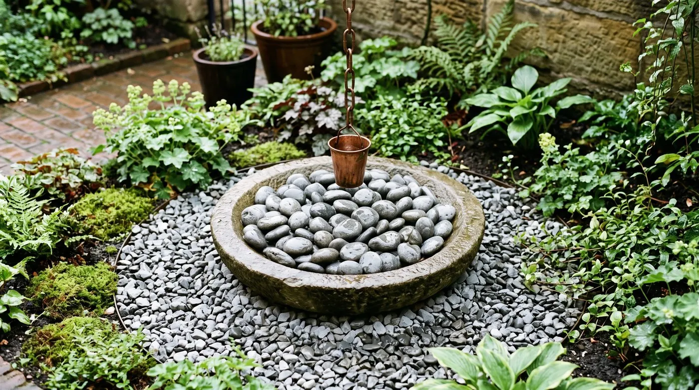 A stone basin filled with cobbles at the foot of a rain chain, with a gravel dry well surround
