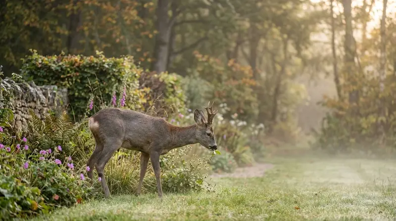 A roe deer standing at the edge of a rural UK garden at dawn, browsing on a low border with woodland behind