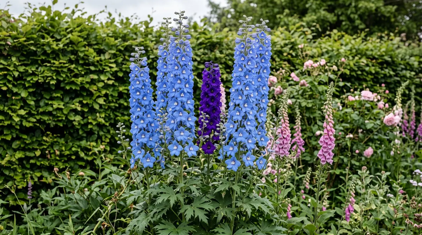 Tall blue delphinium spikes with white centres flowering in a June border in front of a hedge