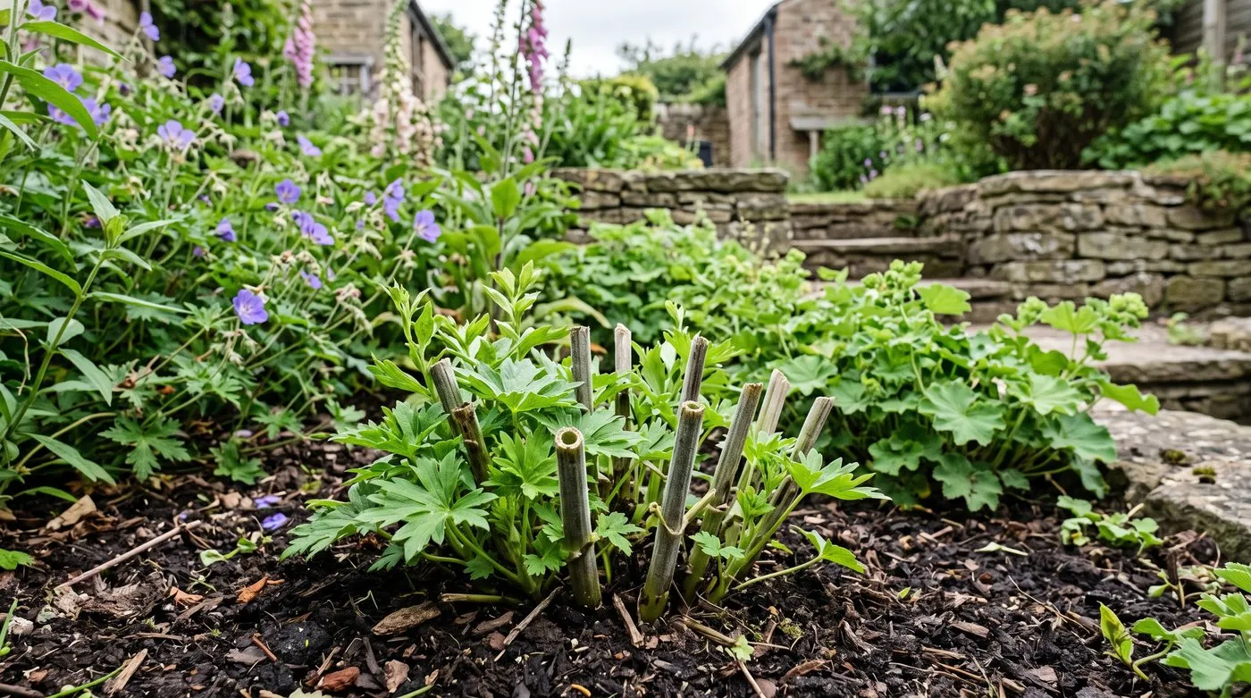 Delphinium cut to the ground after flowering with fresh new shoots growing from the base