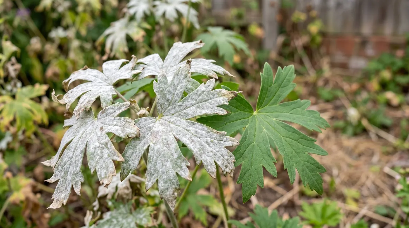 Delphinium leaves dusted with white powdery mildew next to a clean healthy leaf