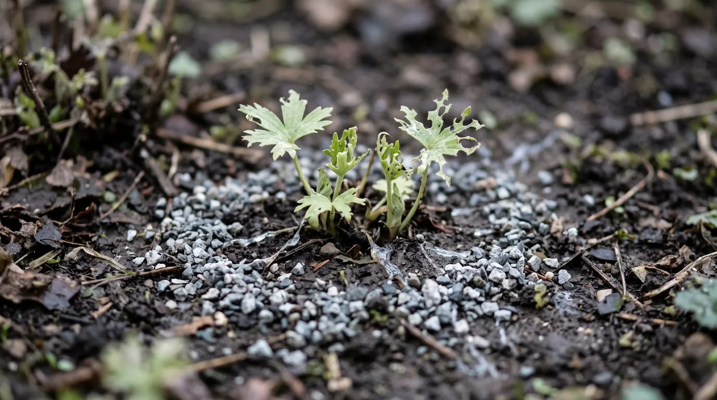 Slug-chewed delphinium shoots with ragged holes and slime trails, ringed with sharp grit