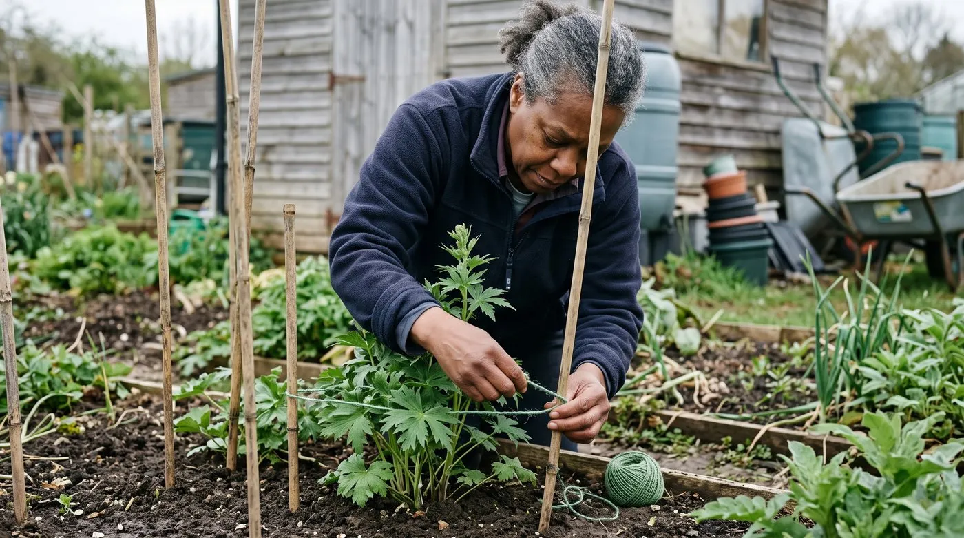 Gardener tying a young delphinium stem to a bamboo cane with soft twine in spring