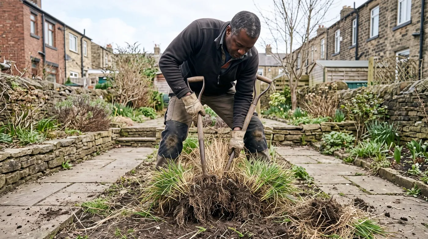 Gardener splitting a lifted tufted hair grass clump with two forks back to back in spring