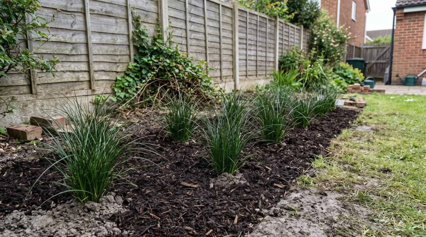 Young tufted hair grass plants spaced about 50cm apart in a mulched clay border