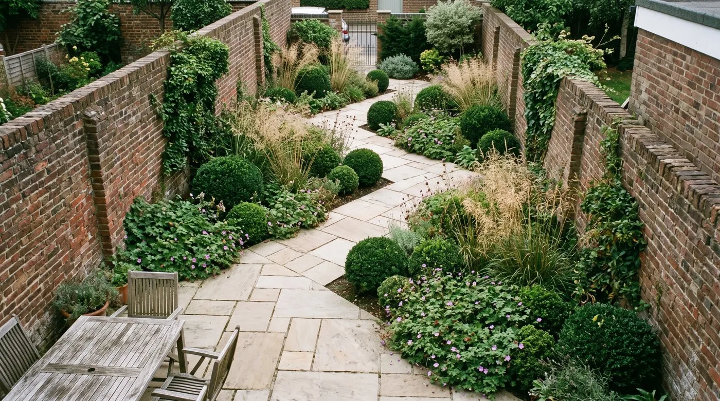 Narrow terraced garden designed from scratch with a diagonal sandstone patio and angled borders