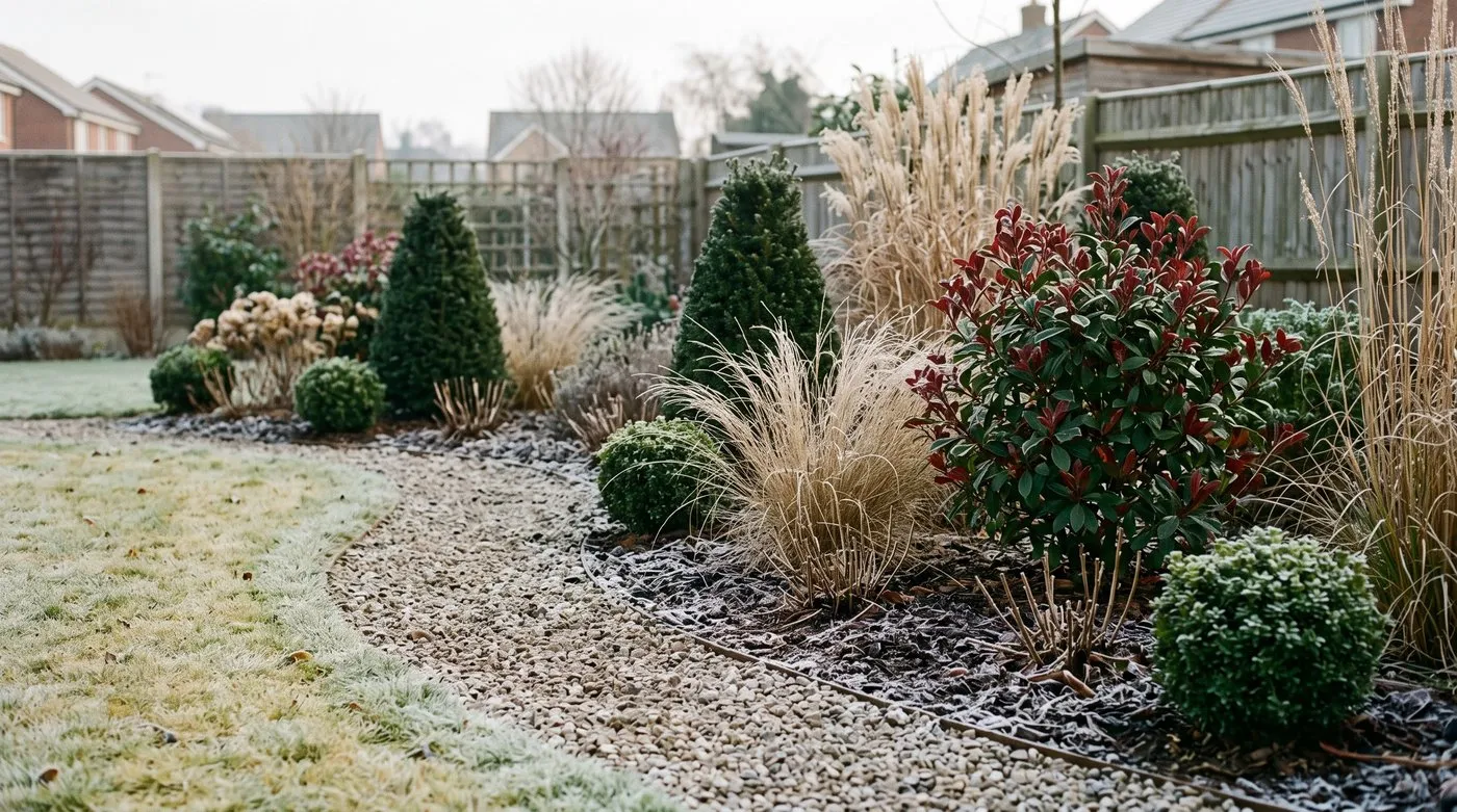 Winter garden borders held together by clipped yew, evergreen balls and frosted ornamental grasses