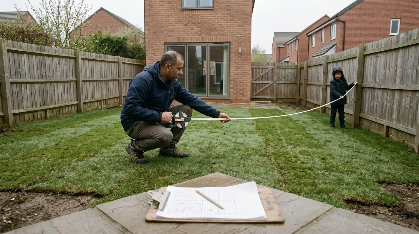 Father and son measuring a bare new-build garden with a long tape to design the garden from scratch
