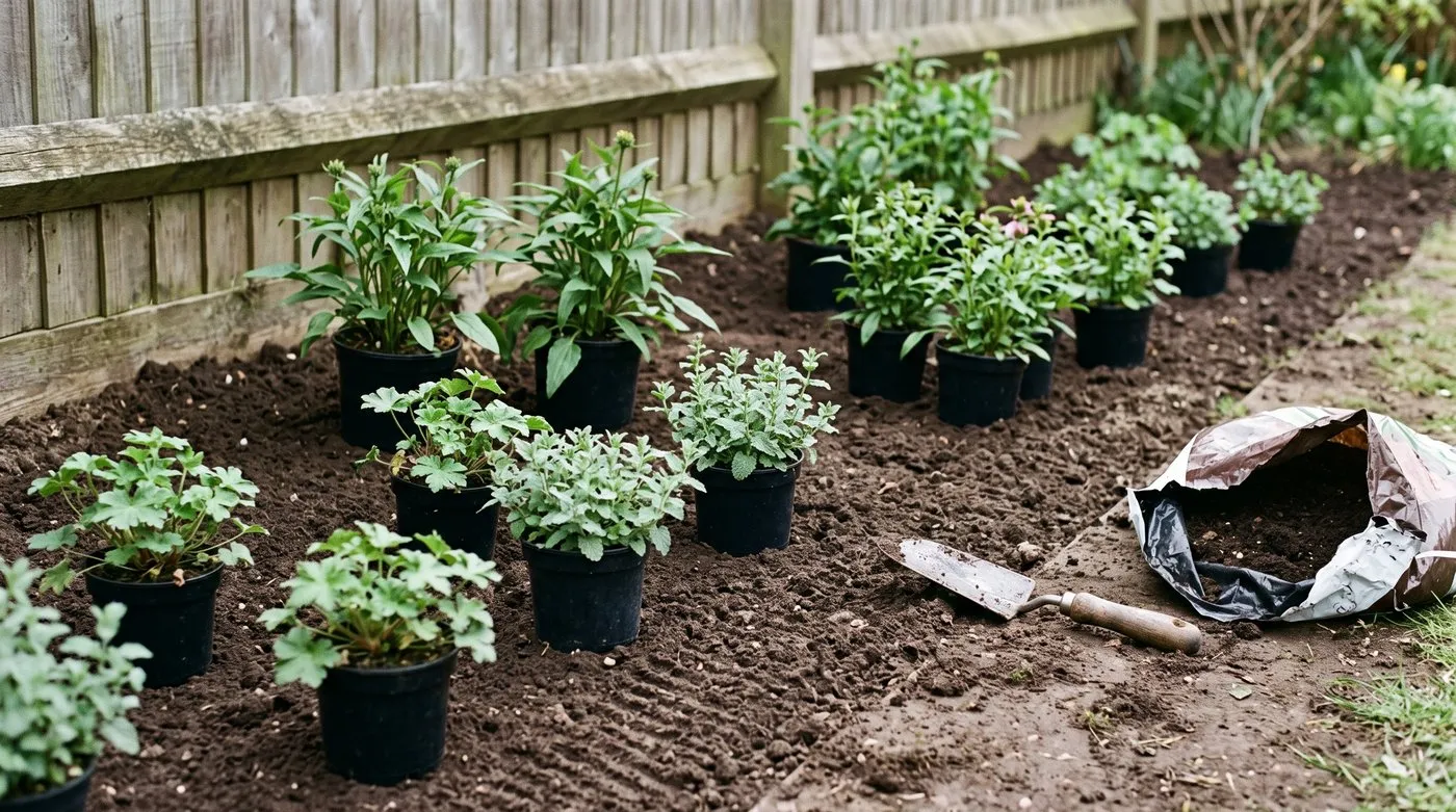 Potted perennials set out in groups on a raked border at planting spacings before planting
