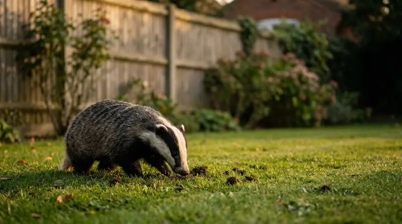 A wild European badger foraging on a suburban UK lawn at dusk
