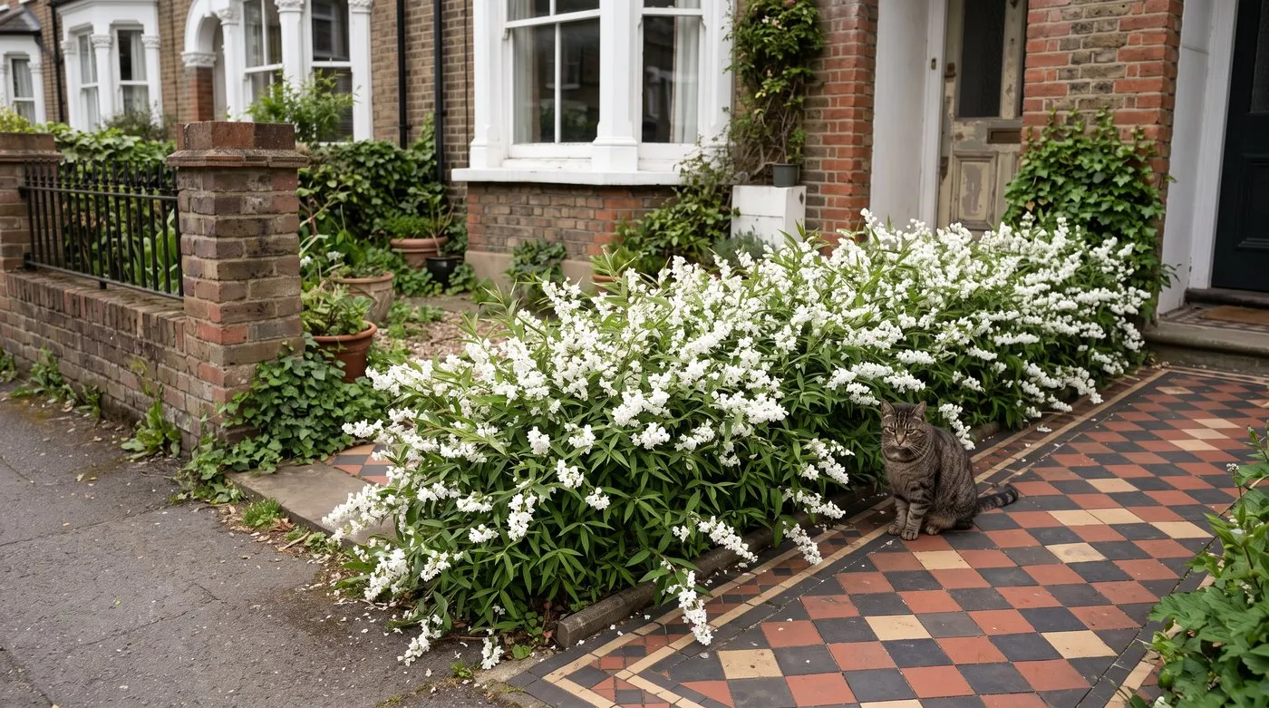 Low Deutzia gracilis hedge in white flower along a city front garden path, with a tabby cat