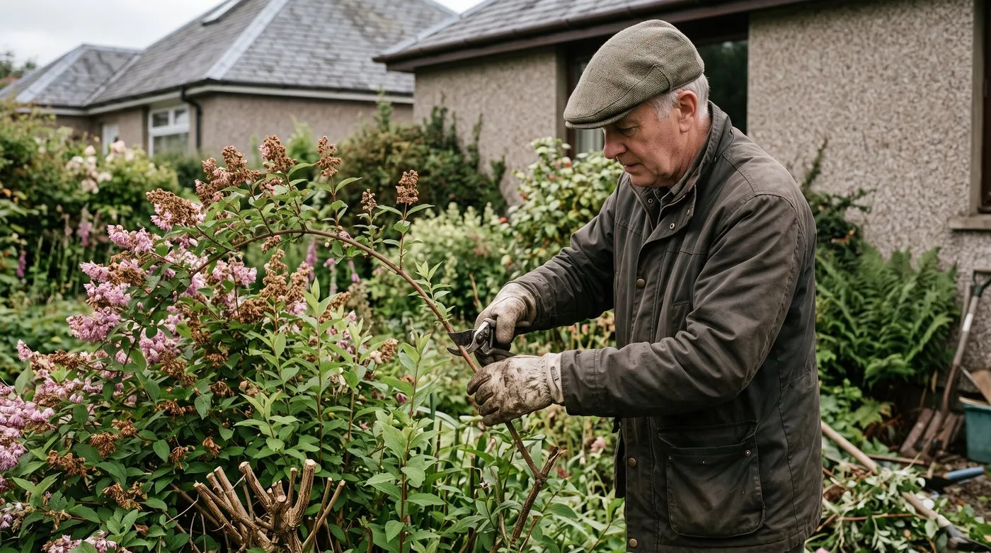Older gardener pruning a deutzia stem back to a young side shoot just after flowering in July