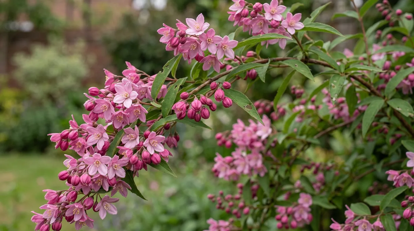 Deutzia 'Strawberry Fields' with clusters of starry deep pink and rose flowers in June