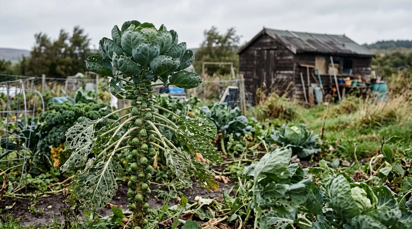 Brussels sprout plant with lacy, holed outer leaves from late-summer diamondback moth feeding but healthy sprouts