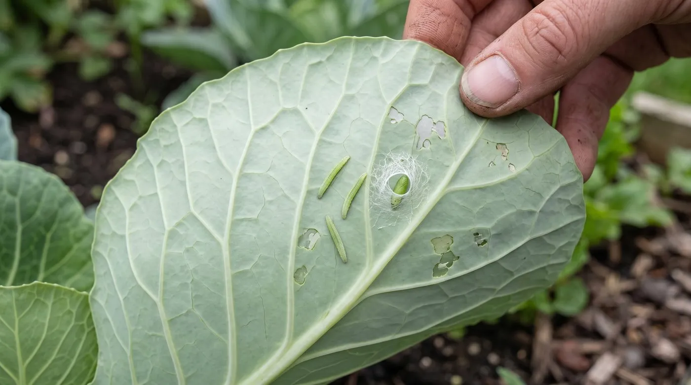 Underside of a cabbage leaf with small pale green diamondback moth caterpillars and an open lacy silk cocoon