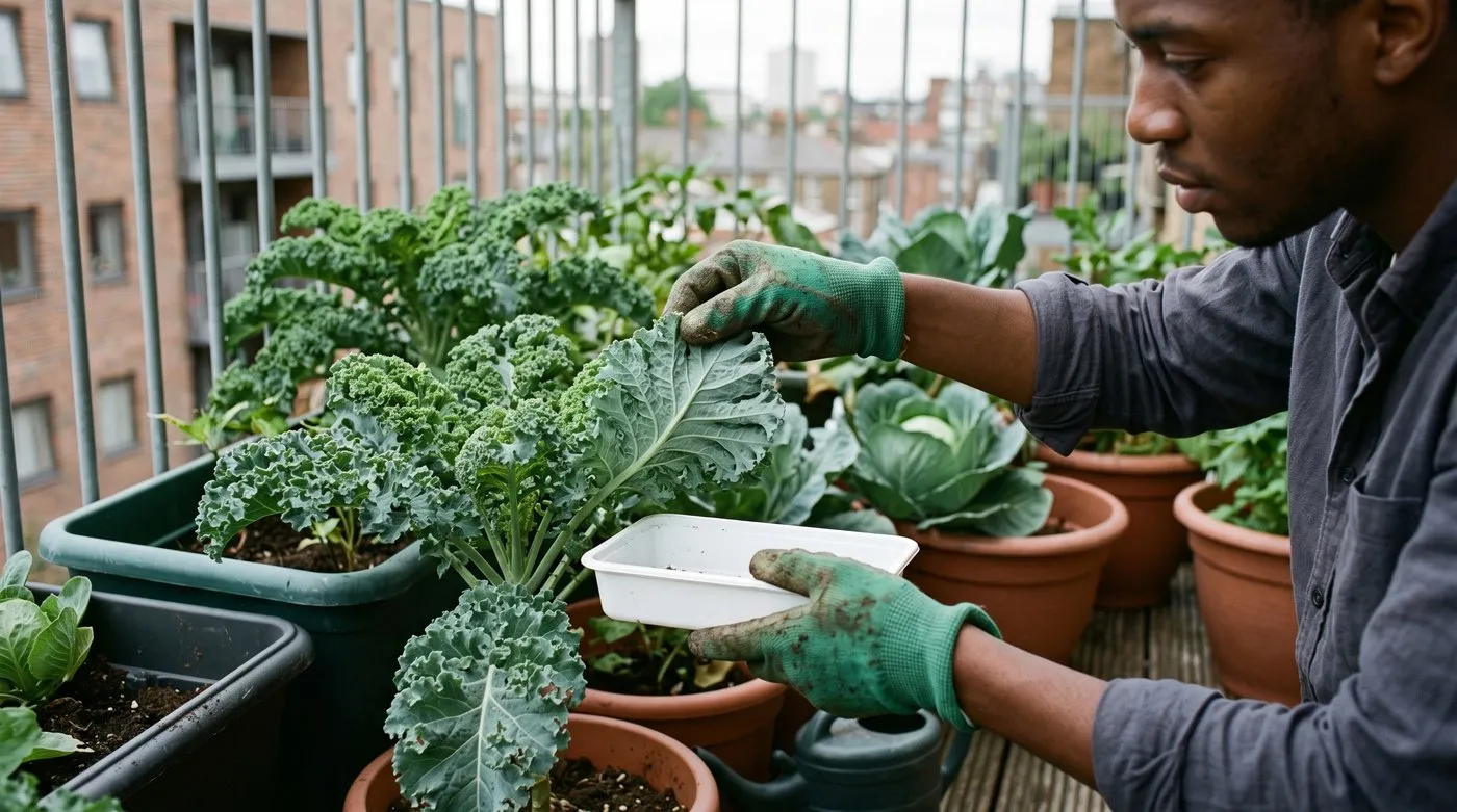 Gardener turning over a kale leaf and holding a tray underneath to catch diamondback moth caterpillars