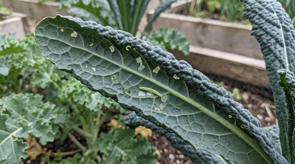 Kale leaf with small see-through window holes and a tiny pale green diamondback moth caterpillar underneath