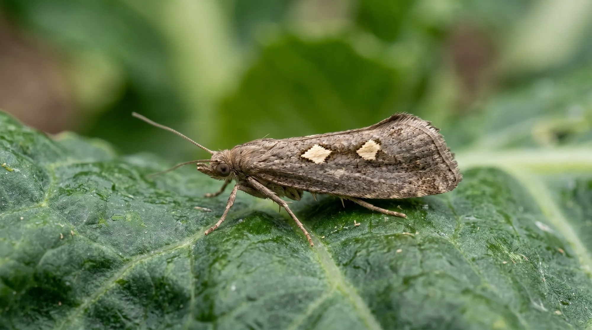 Macro photograph diamondback moth adult resting on cabbage leaf showing pale diamonds along back when wings folded UK garden