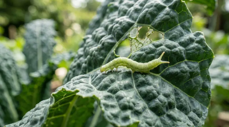 Diamondback moth larva on UK kale leaf showing the small green caterpillar feeding pattern that creates window-pane holes
