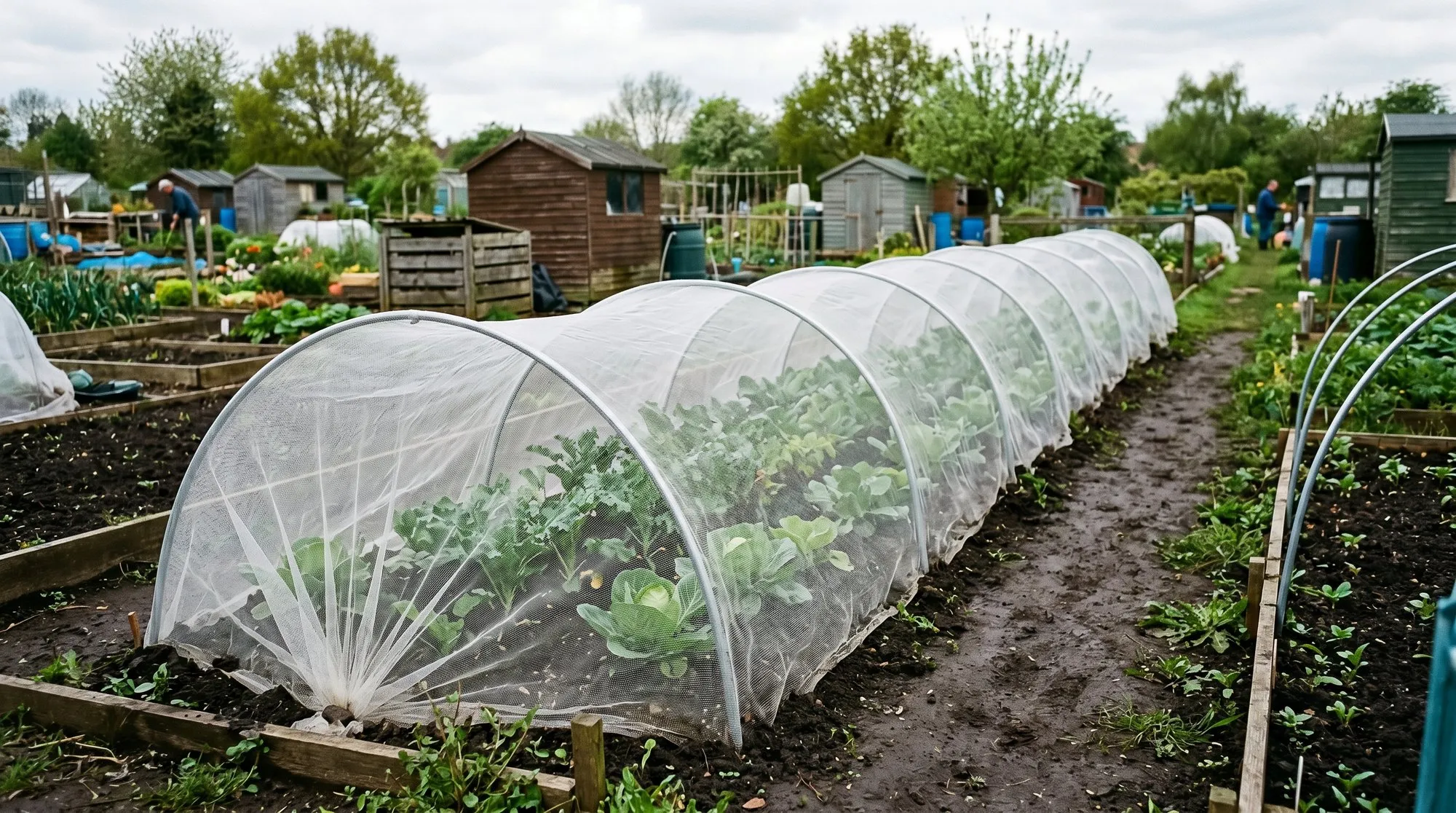 Mesh netting installed over UK allotment brassica bed in late April with cabbages and kale visible underneath