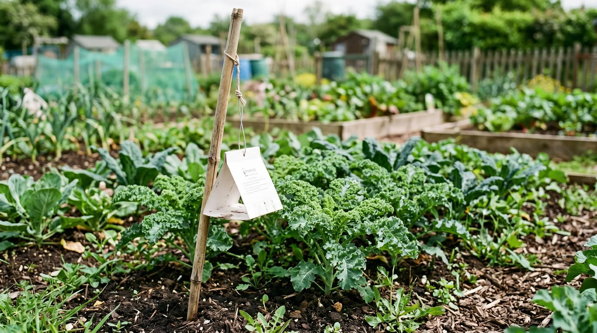 Pheromone trap deployed in UK allotment brassica bed showing white delta trap among kale plants