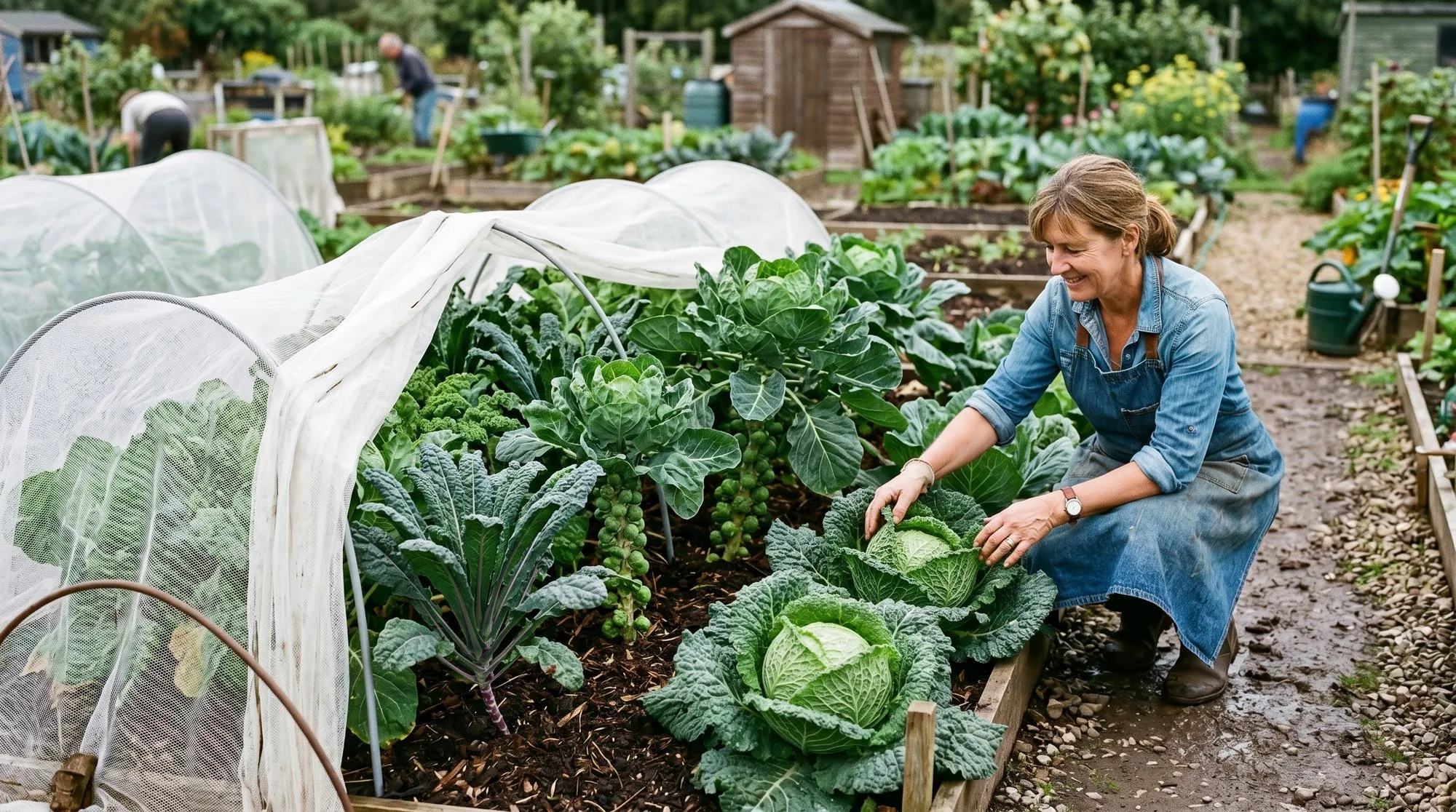 Healthy UK brassica bed with cabbages and Brussels sprouts thriving under fine mesh protection late summer