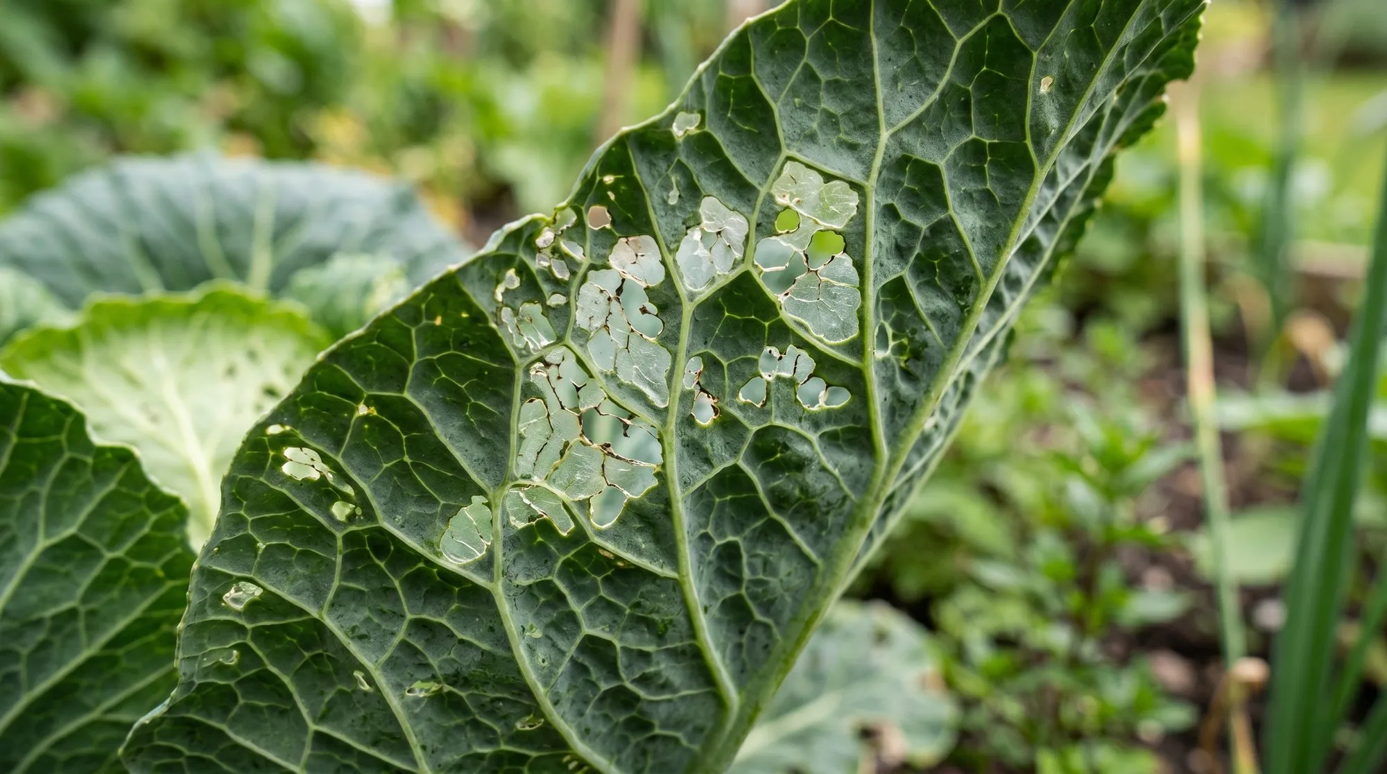 Window pane damage pattern on cabbage leaf from diamondback moth larva feeding underside in UK kitchen garden
