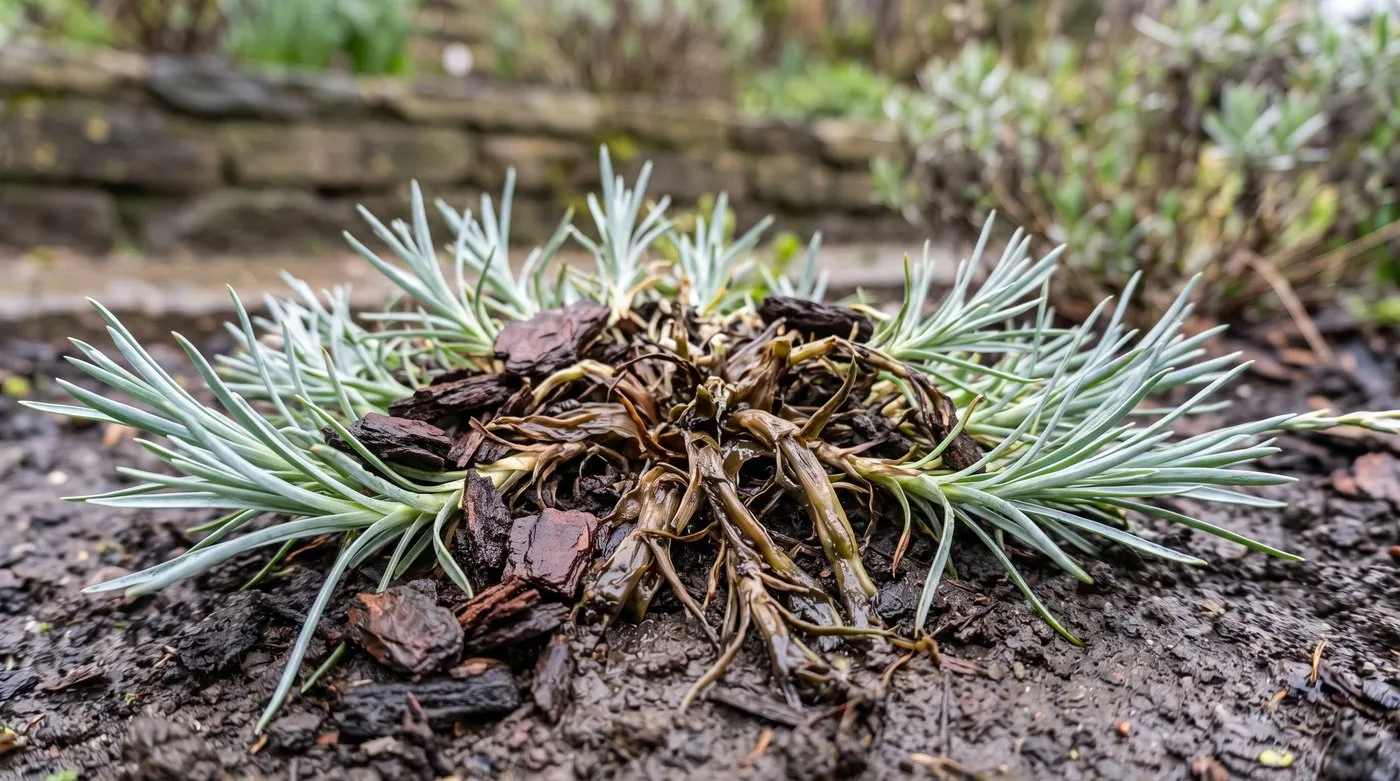 Dianthus with crown rot, brown collapsed stems at the base in wet soil and a few healthy outer shoots