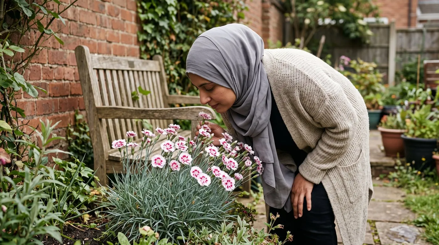 Woman smelling clove-scented Dianthus 'Gran's Favourite' flowers planted beside a garden bench