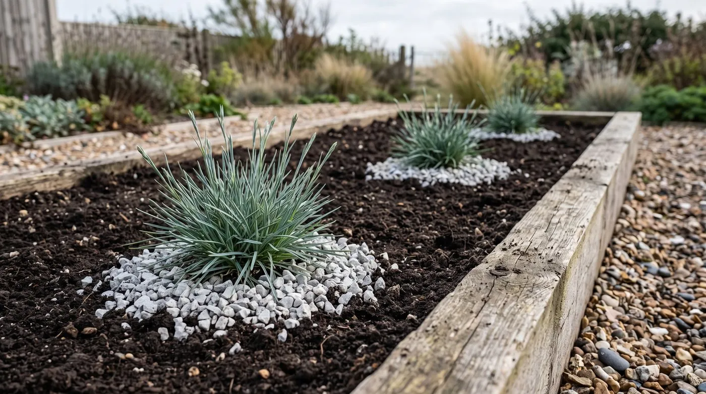 Young dianthus planted at soil level with a grit mulch around the base in a sunny raised bed