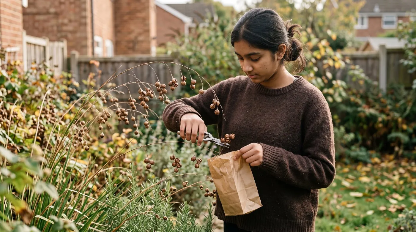 Teenager collecting brown, split dierama seed pods from arching stems into a paper bag in autumn