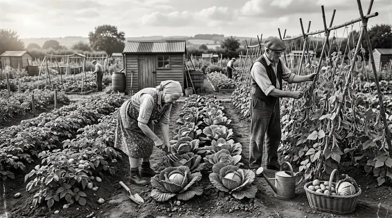 1940s style UK Dig for Victory allotment plot showing rows of cabbages potatoes and runner beans with wooden tools in late