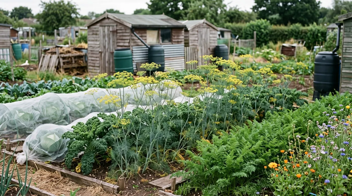 Flowering dill with yellow umbels growing between kale and cabbage rows on an allotment