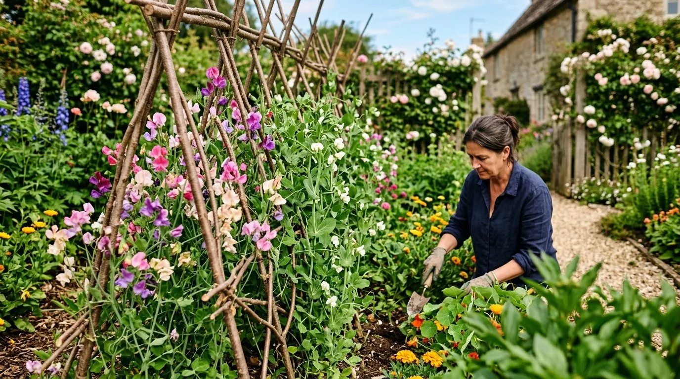 UK garden scene showing diy plant supports hazel pea sticks in seasonal context