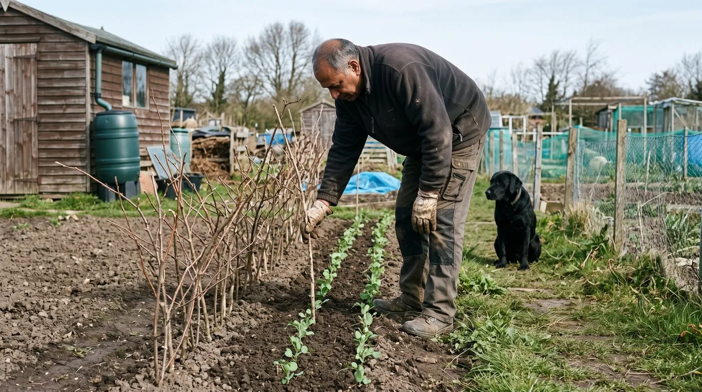 Gardener pushing twiggy pea sticks into the soil beside a row of young pea seedlings on an allotment