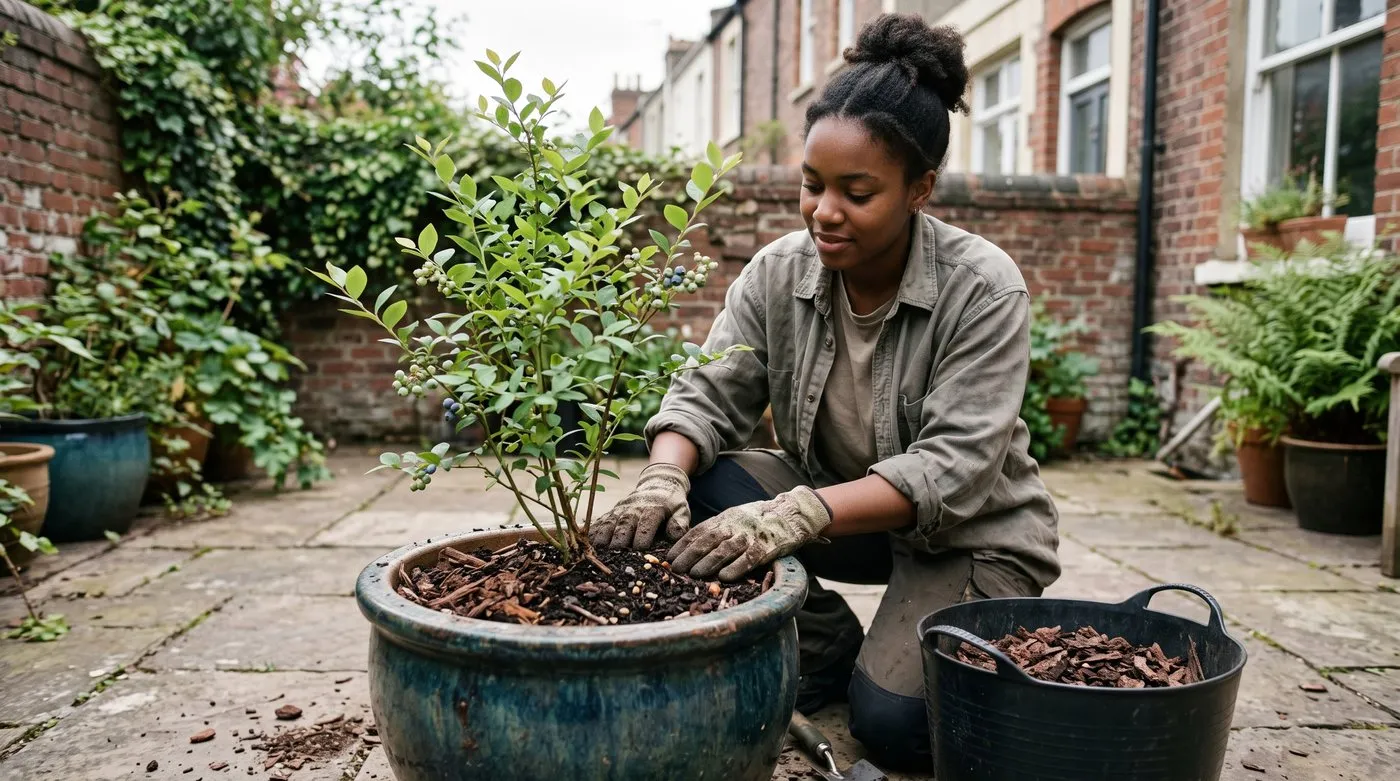 Gardener firming a bark-rich ericaceous compost mix around a blueberry bush in a large pot