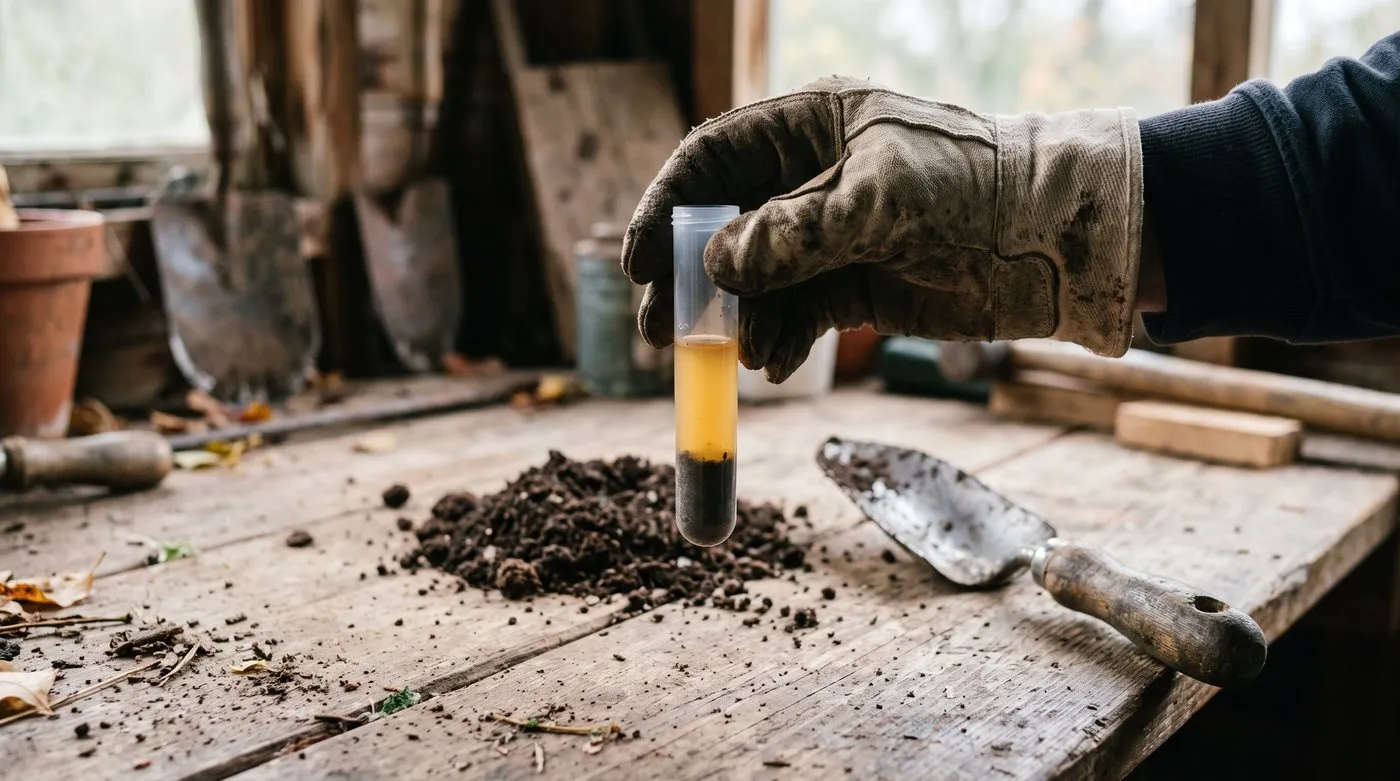 Gloved hand holding a soil pH test tube with compost settled at the bottom and orange liquid above