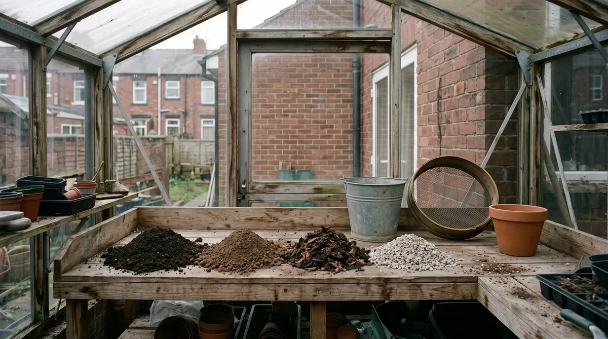 Heaps of sieved compost, loam, leaf mould and grit on a greenhouse potting bench with a bucket and riddle