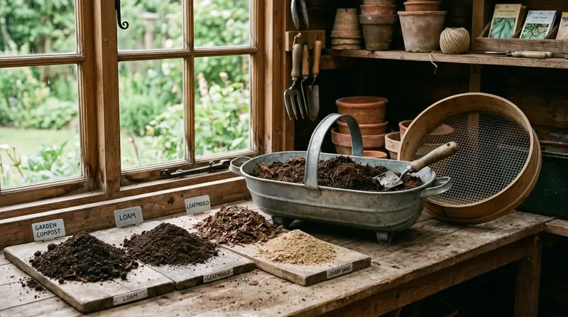 Homemade peat-free potting compost ingredients and a freshly mixed batch on a UK potting shed bench