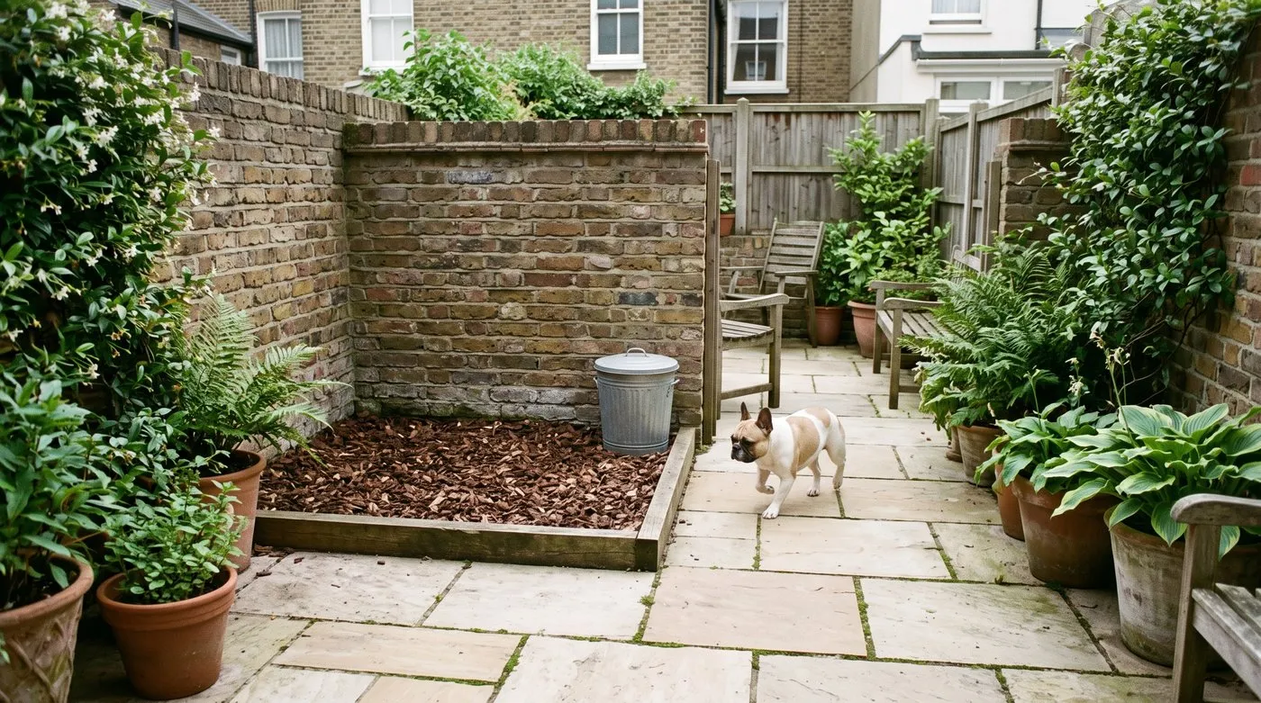 Bark chip dog toilet corner edged with timber in a paved city courtyard, a French bulldog on the pale paving