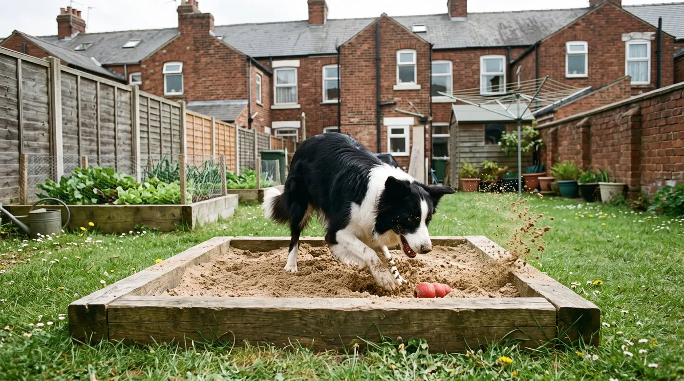 Border collie digging happily in a timber-edged sand pit set into a back garden lawn