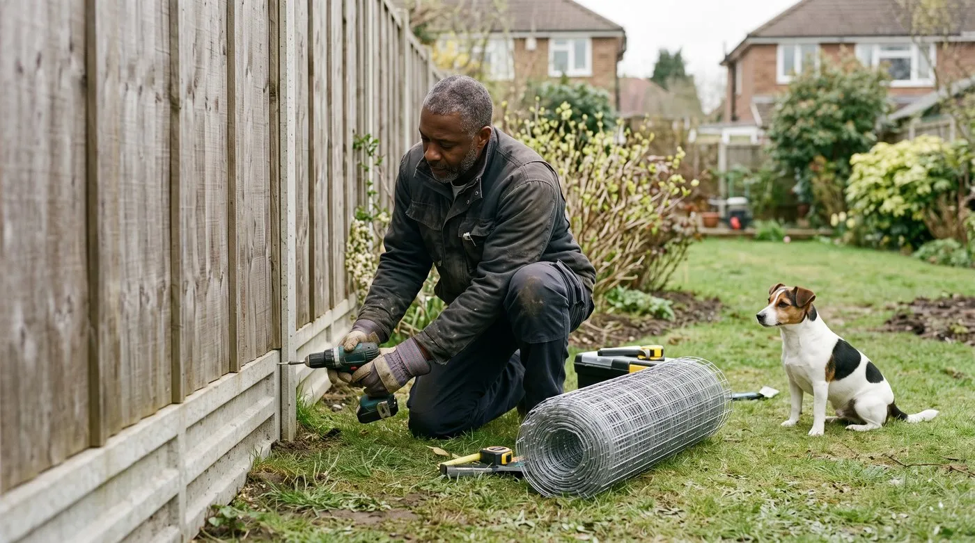 Man fixing wire mesh along the concrete gravel boards at the base of a garden fence while a terrier watches
