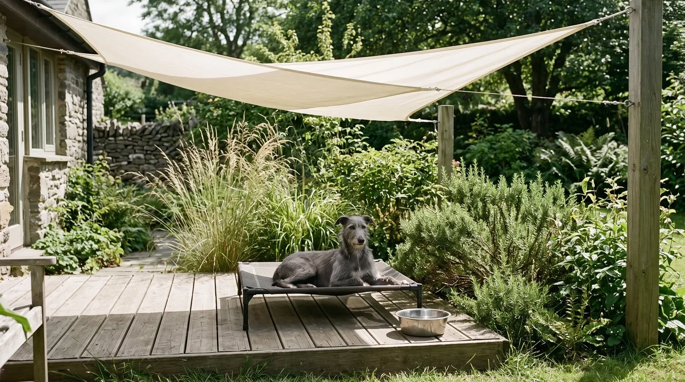 Lurcher resting on a raised dog bed in the shade of a fabric shade sail, with a water bowl beside it