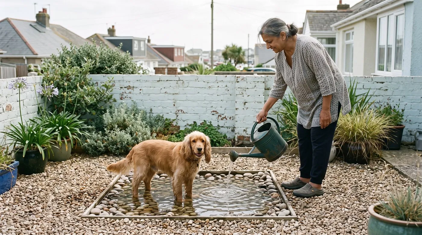 Cocker spaniel standing in a shallow pebble-lined splash tray while a woman tops it up with a watering can