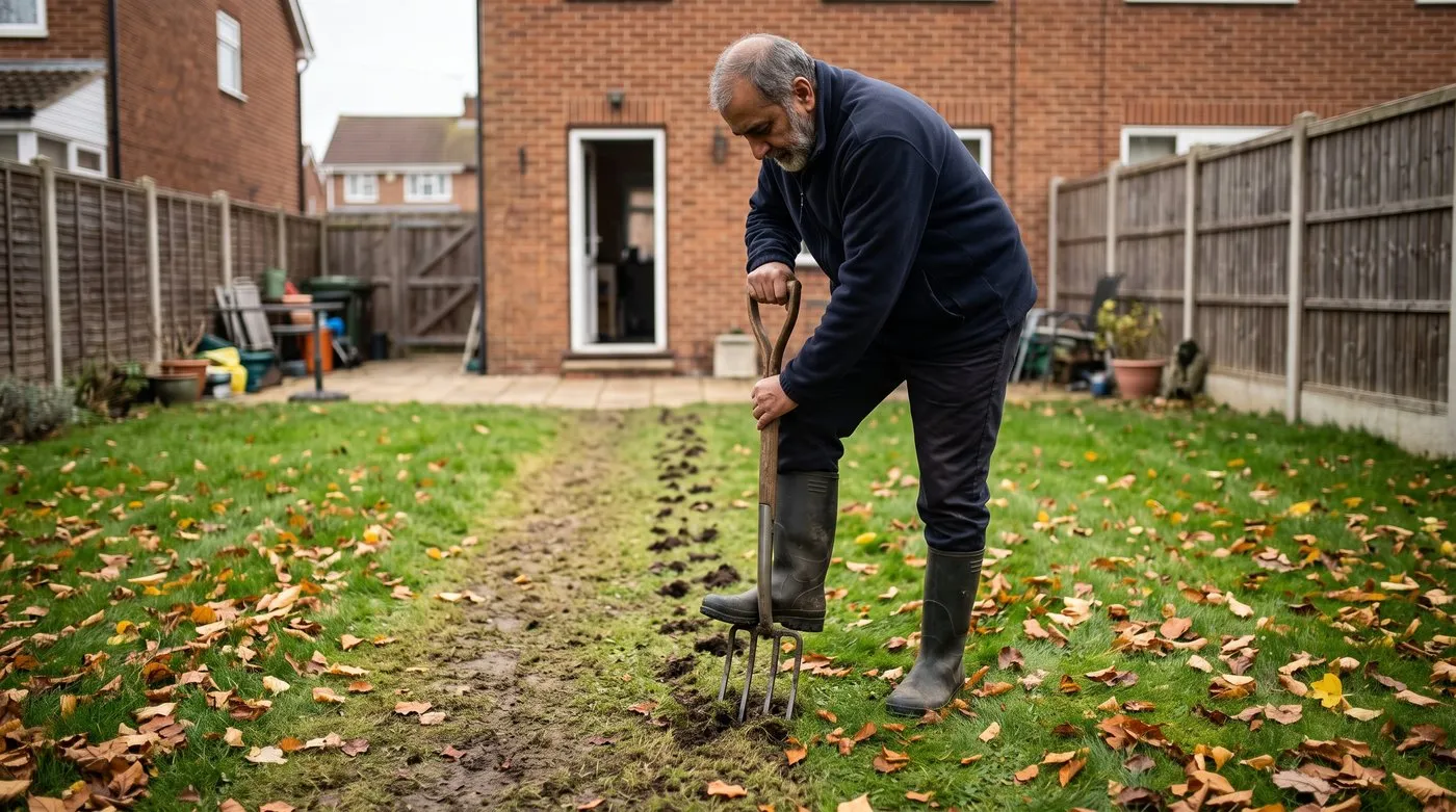 Man pushing a garden fork into a compacted dog run on a lawn to aerate it in autumn