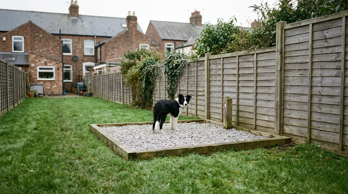 Dog-proof lawn with a gravel toilet corner by a fence and a border collie standing on the gravel