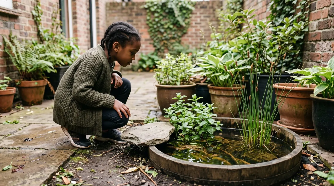 Girl looking into a half-barrel mini pond with water mint and miniature bulrush to attract damselflies