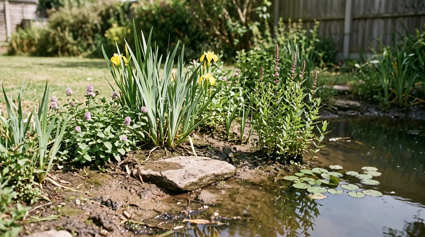 Shallow edge of a dragonfly pond planted with yellow flag iris, water mint and floating frogbit