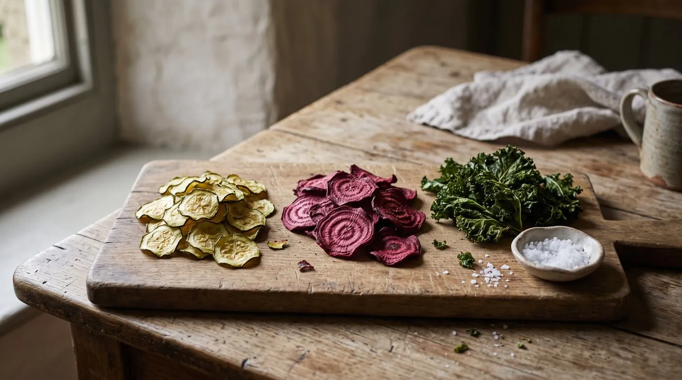 Home-made courgette, beetroot and kale crisps in small heaps on a wooden board