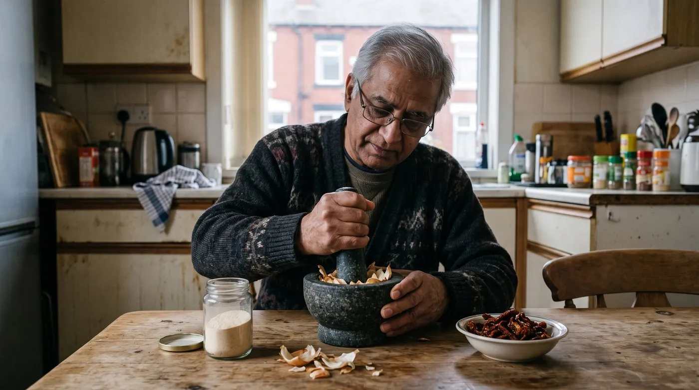 Man grinding dried onion into powder with a pestle and mortar beside a small jar of onion powder
